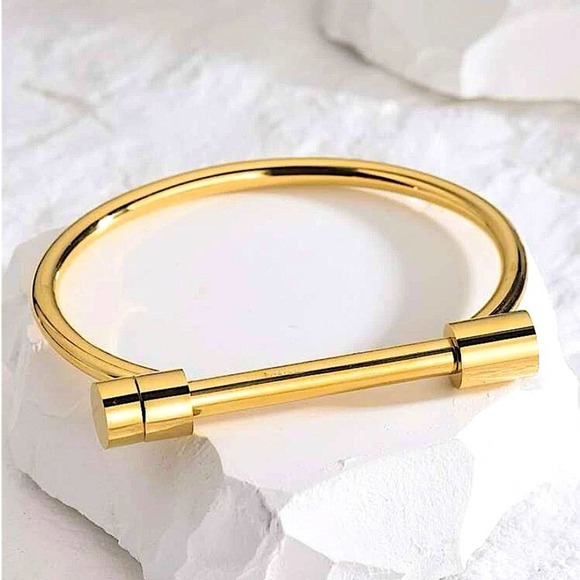 Gold Plated Bar Screw Bangle Bracelet - Picture 4 of 12